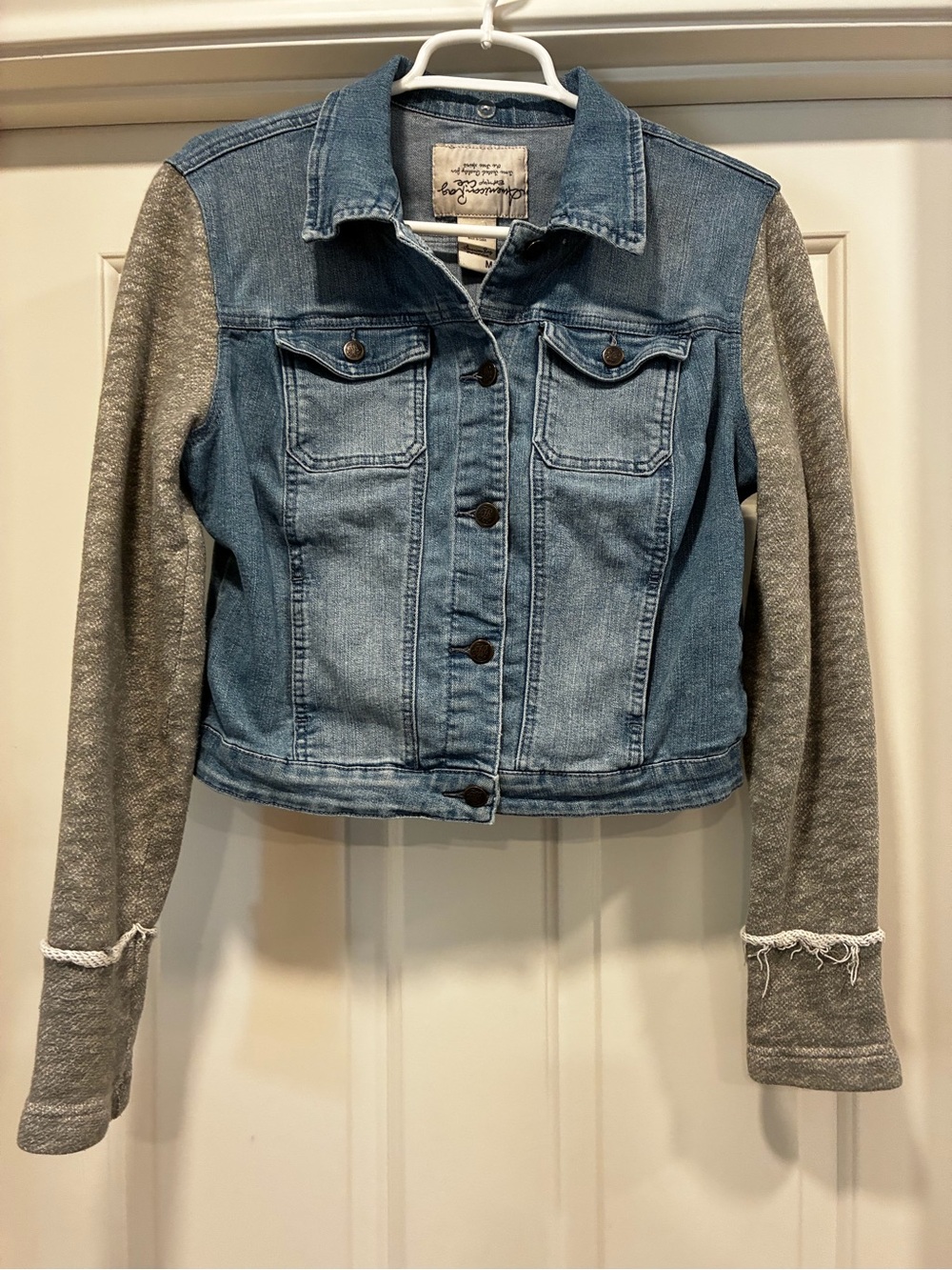 American Rag Blue Denim Jacket with Gray Knit Sleeves